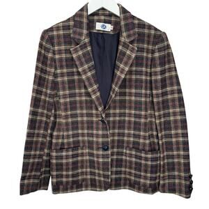 Vintage EJE Plaid Academia Blazer Size M Brown Red Blue Two Button Womens